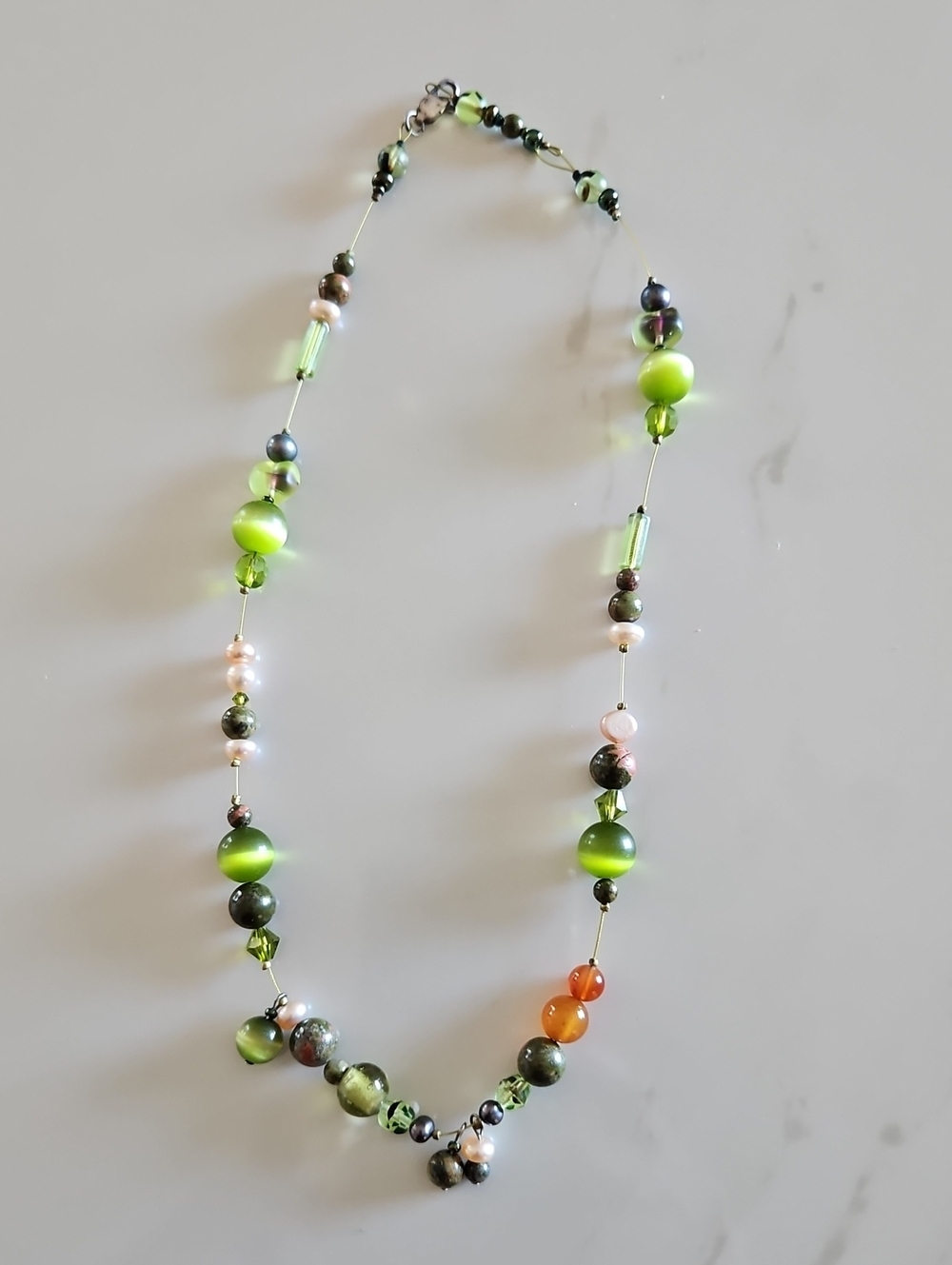 Handcrafted Green Bead Strand Necklace — Mixed Glass Accent Beads